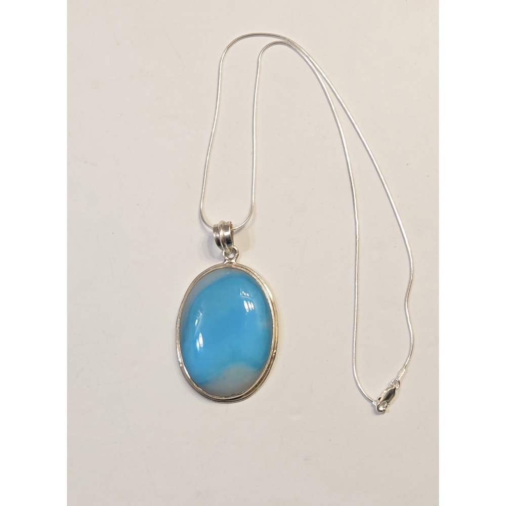 Large Larimar CabochonSterling Silver Pendant Sterling Snake Braid 18" Chain - Picture 3 of 7
